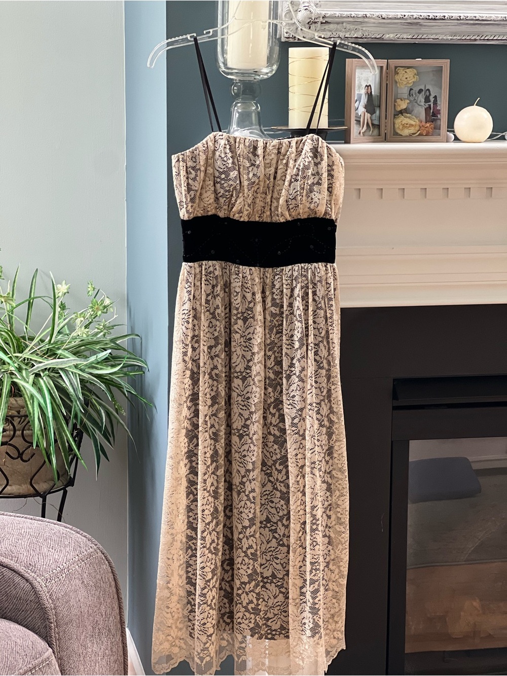 Lace Overlay Strapless Cocktail Dress with Black Waistband